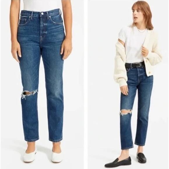 Everlane The 90s Cheeky Straight Leg Jeans High Rise Ripped Knee Button Fly Blue - Picture 1 of 11